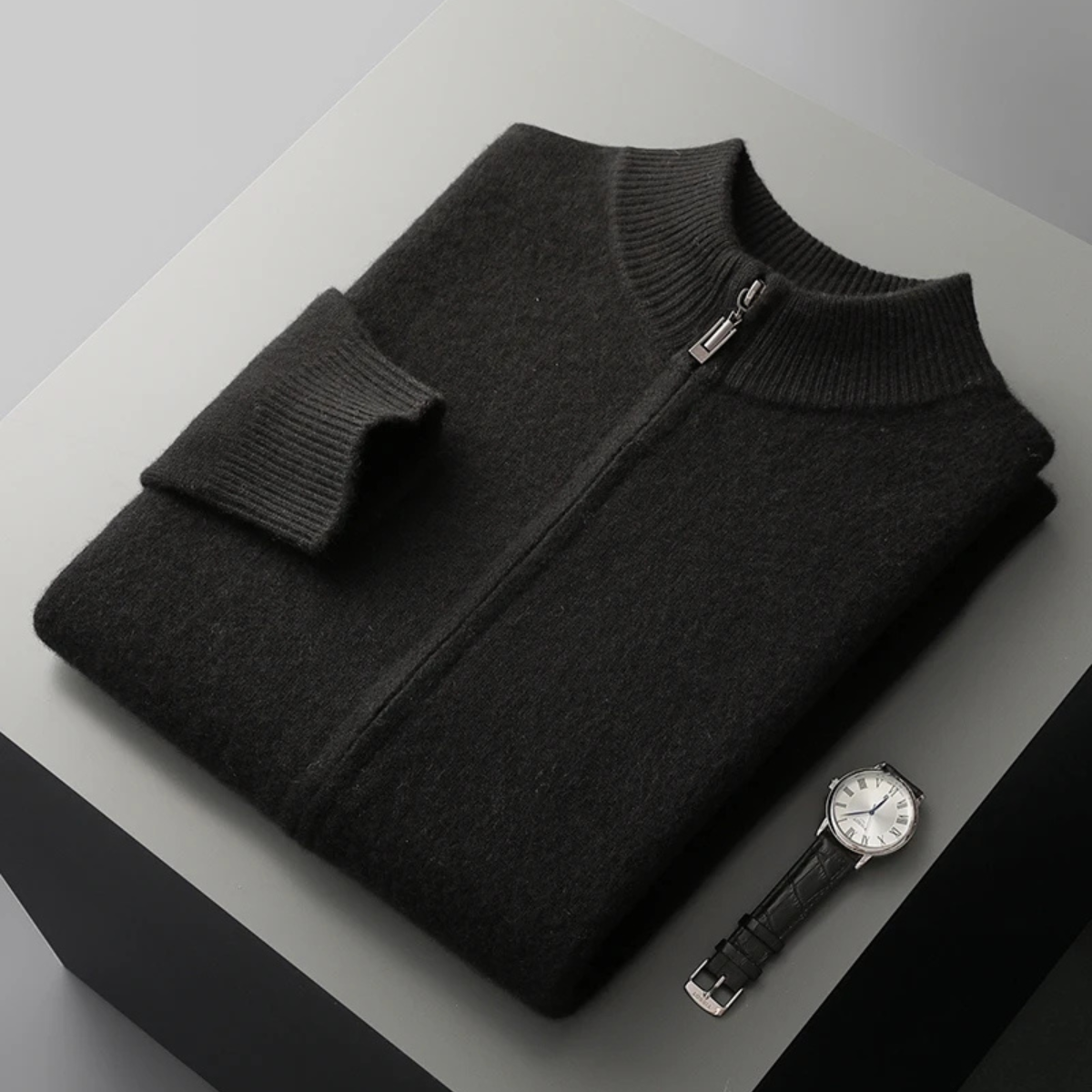 The Maplecrest Men's Merino Mock Neck Cashmere Zip-Up Cardigan