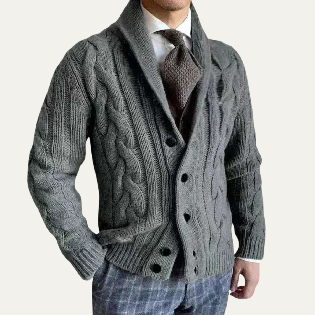 The Rome Men’s Casual Button-Up Cable Knit Shawl Collar Cardigan