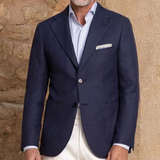 The Bellano Men’s Navy Blue Blazer Suit Set – Two Piece Notch Lapel Slim Fit Blazer with White Trousers