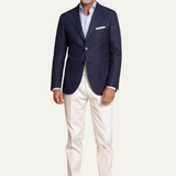 The Bellano Men’s Navy Blue Blazer Suit Set – Two Piece Notch Lapel Slim Fit Blazer with White Trousers