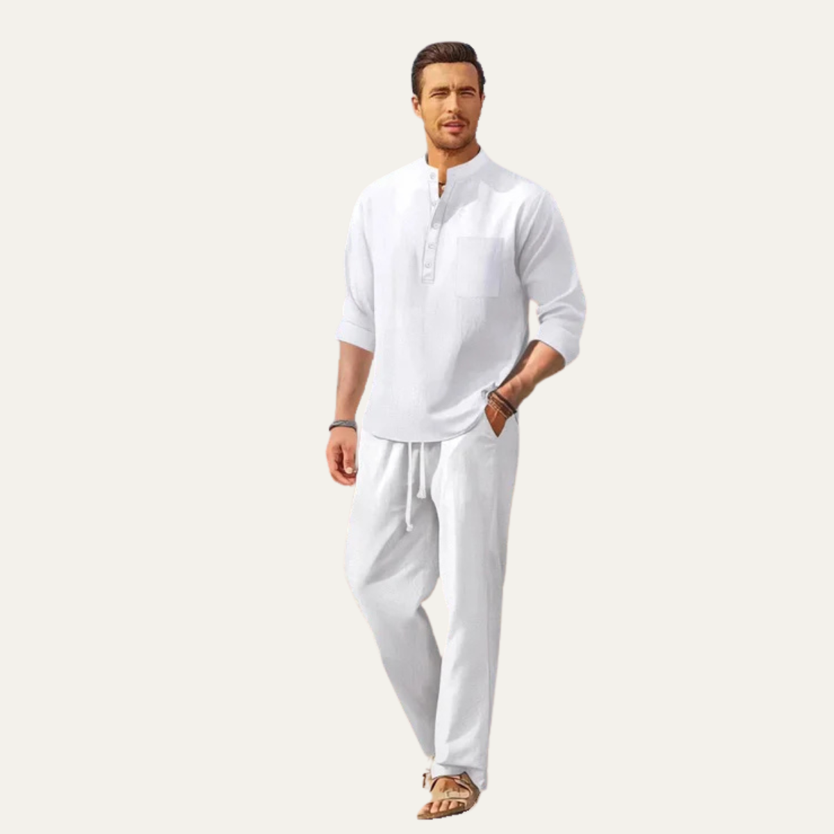 The Versailles Men's Casual Long Sleeve Shirt & Relaxed Trousers – Lightweight Beach Outfit