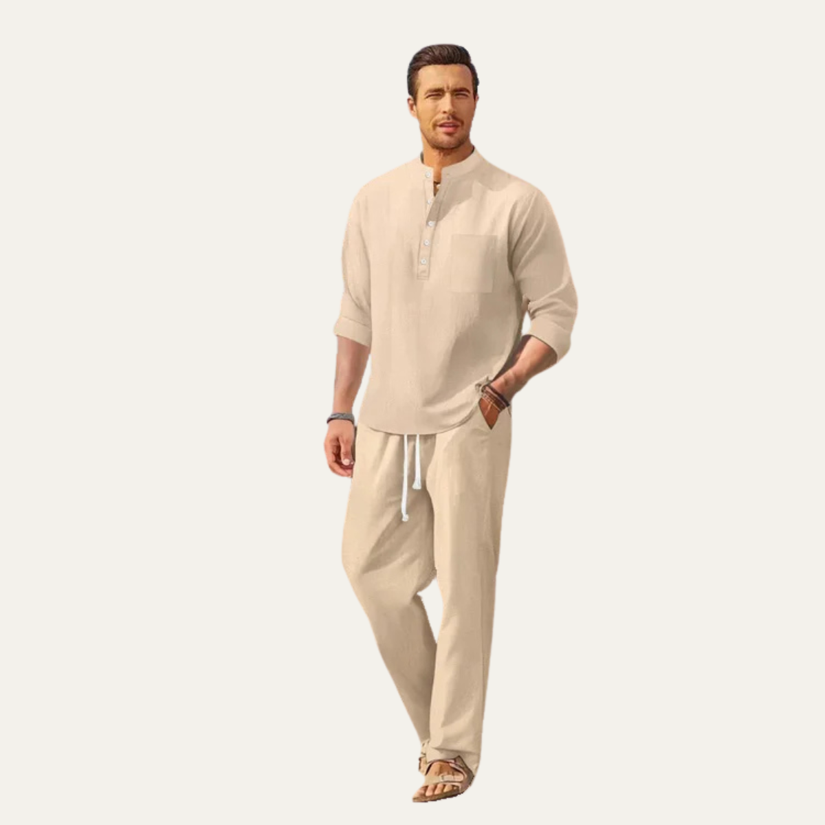The Versailles Men's Casual Long Sleeve Shirt & Relaxed Trousers – Lightweight Beach Outfit