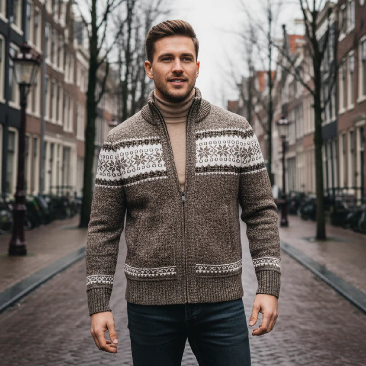 The Kingsley Men’s Winter Zip-Up Knit Cardigan with Nordic Pattern