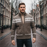 The Kingsley Men’s Winter Zip-Up Knit Cardigan with Nordic Pattern