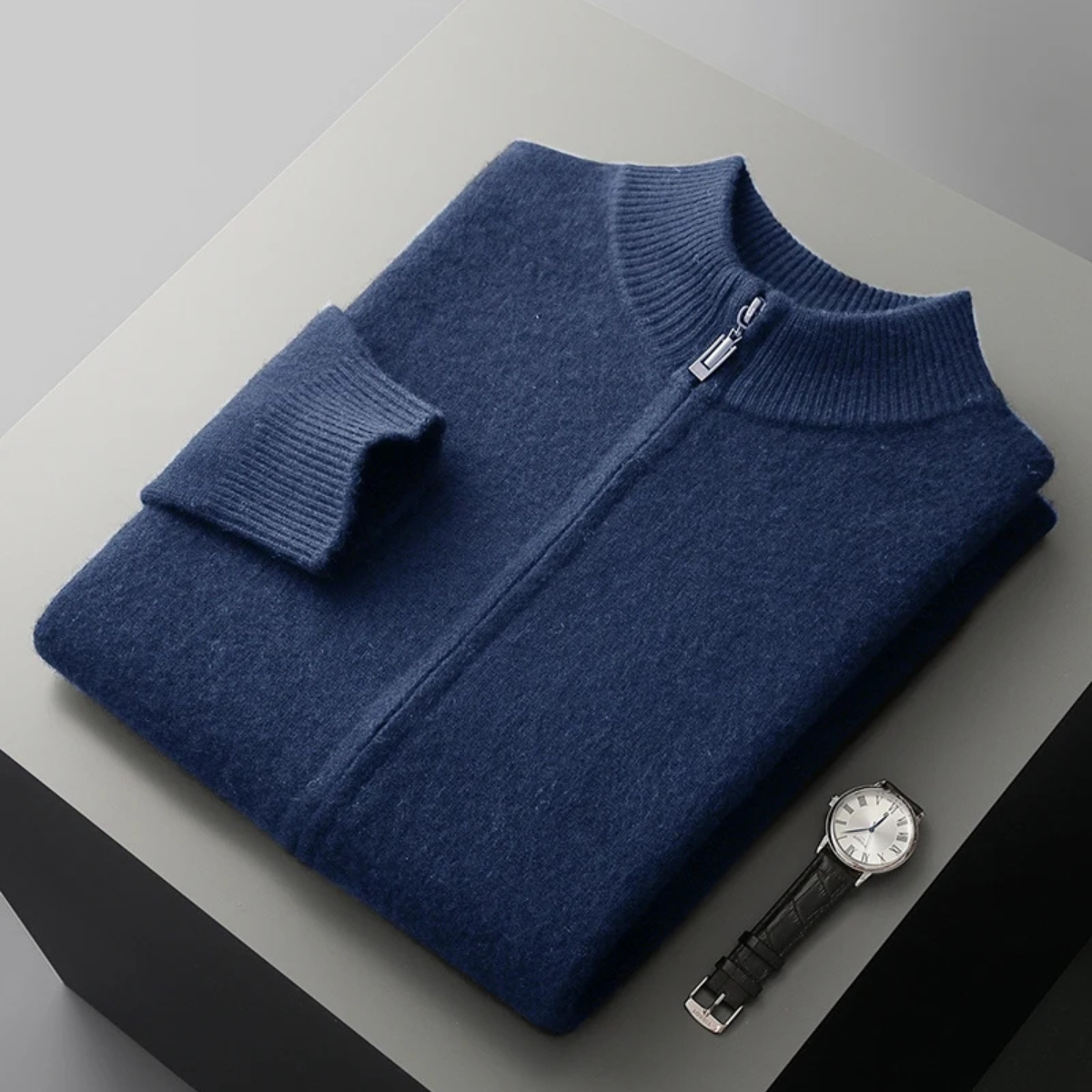 The Maplecrest Men's Merino Mock Neck Cashmere Zip-Up Cardigan