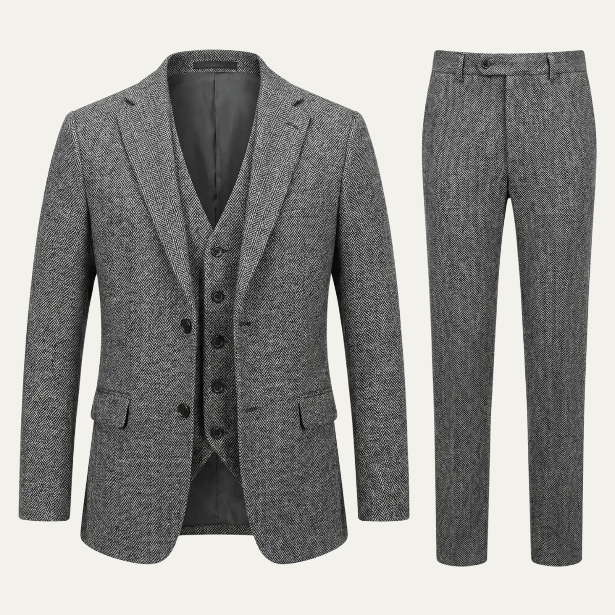 The Norwood Men’s Tweed 3 Piece Suit – Slim Fit Herringbone Jacket, Waistcoat & Trousers