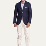 The Harwood Men’s 2 Piece Suit – Single Breasted Slim Fit Navy Blue Blazer with White Trousers