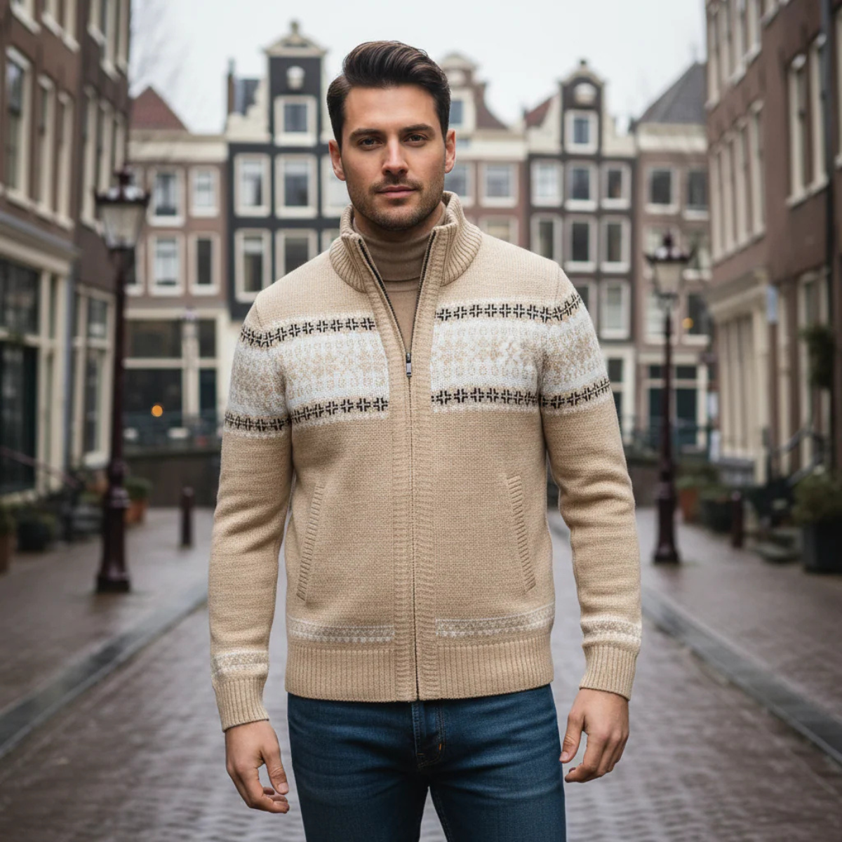 The Kingsley Men’s Winter Zip-Up Knit Cardigan with Nordic Pattern