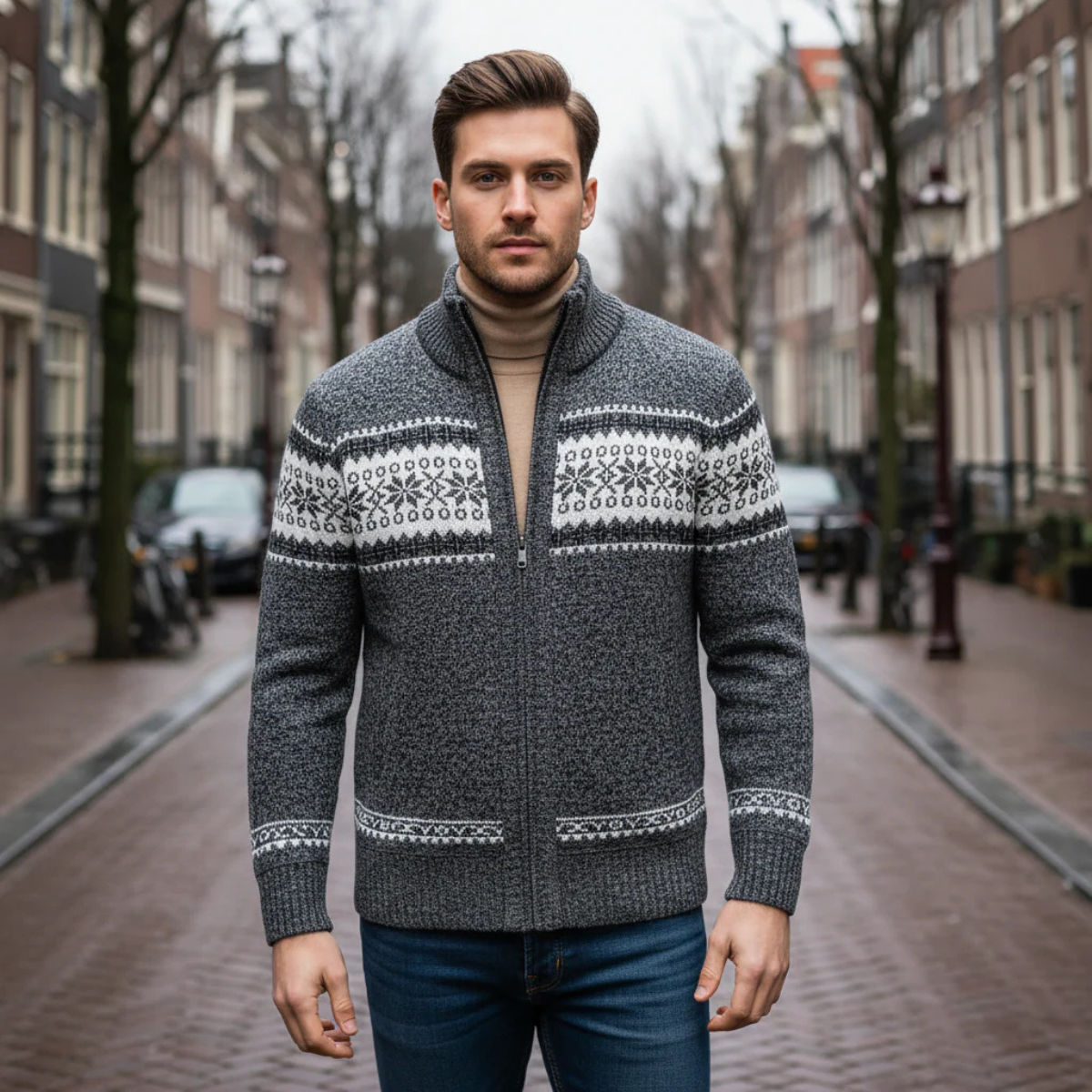 The Kingsley Men’s Winter Zip-Up Knit Cardigan with Nordic Pattern