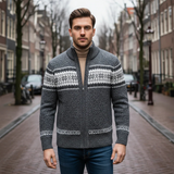 The Kingsley Men’s Winter Zip-Up Knit Cardigan with Nordic Pattern
