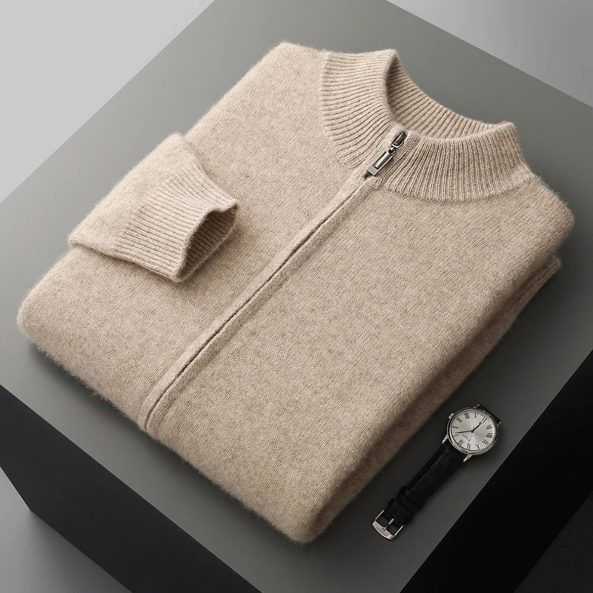 The Maplecrest Men's Merino Mock Neck Cashmere Zip-Up Cardigan