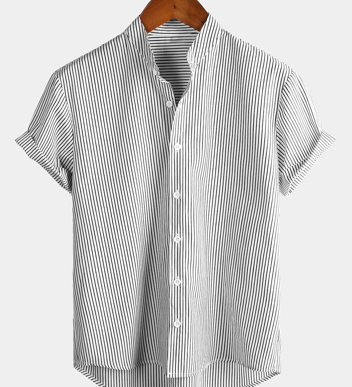 Men's Cotton Henley Breathable Stand Collar Solid Colour Short Sleeve Classic Vertical Striped Shirt