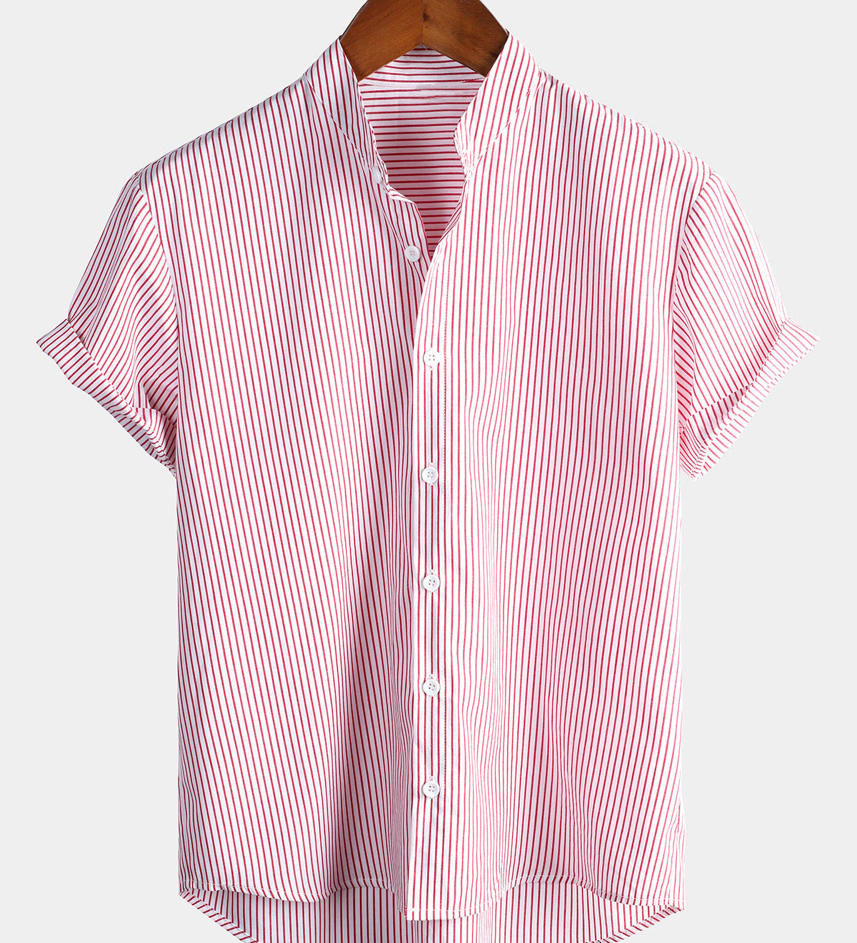 Men's Cotton Henley Breathable Stand Collar Solid Colour Short Sleeve Classic Vertical Striped Shirt