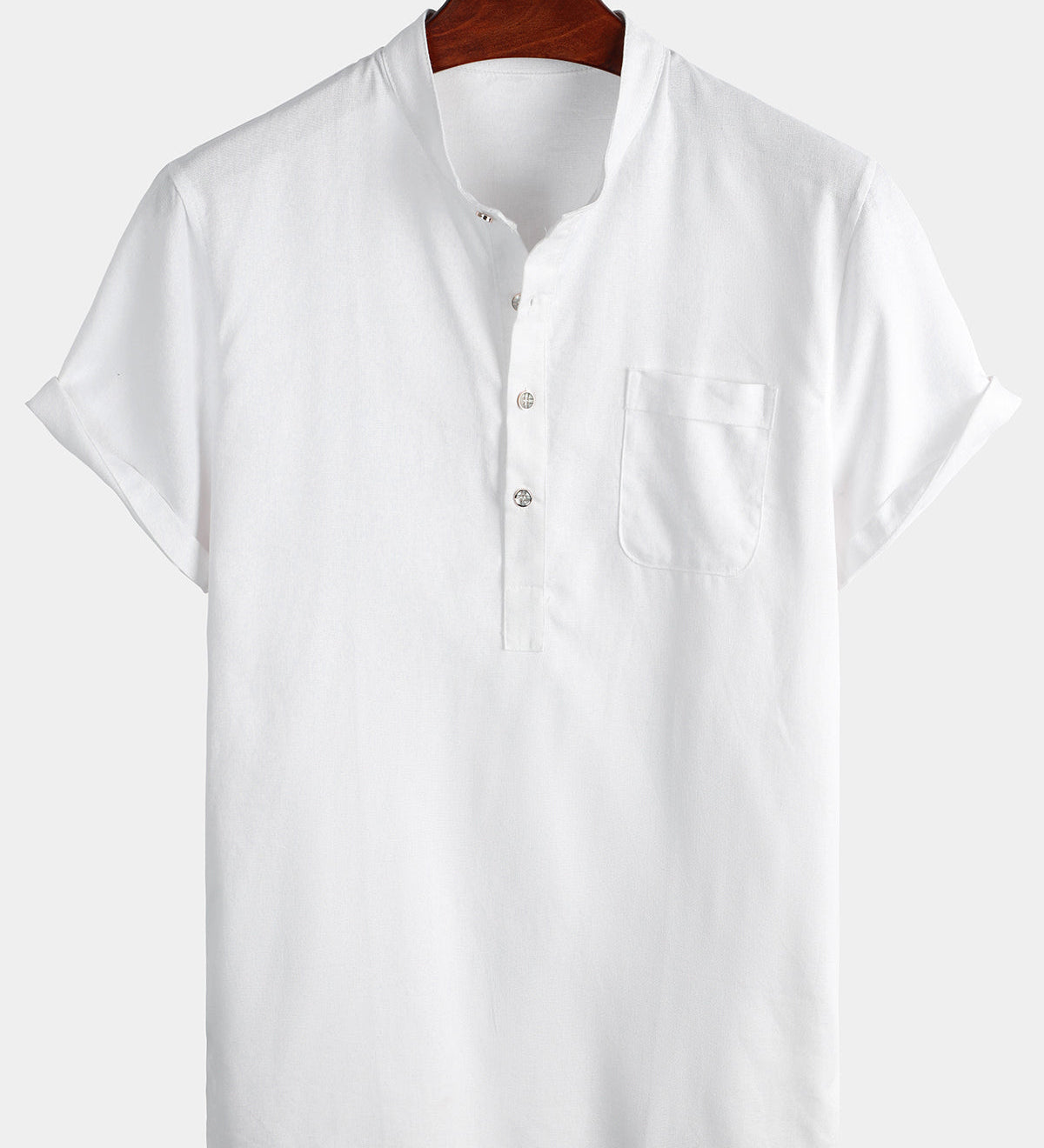 Men's Solid Colour Stand Collar Half Button Pocket Front Shirt