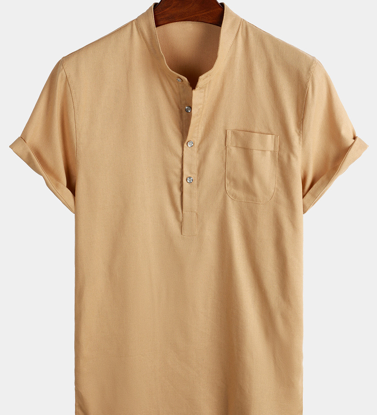 Men's Solid Colour Stand Collar Half Button Pocket Front Shirt