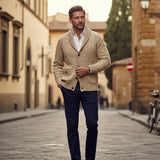 The Carlton Men’s Beige Cable Knit Merino Wool Cardigan